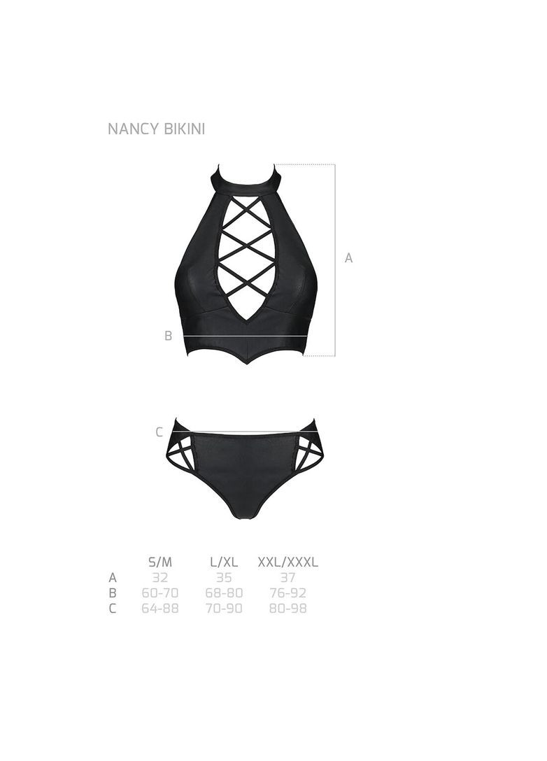 Чорний демісезонний комплект з еко-шкіри nancy bikini l/xl, black, бра та трусики з імітацією шнурівки Passion
