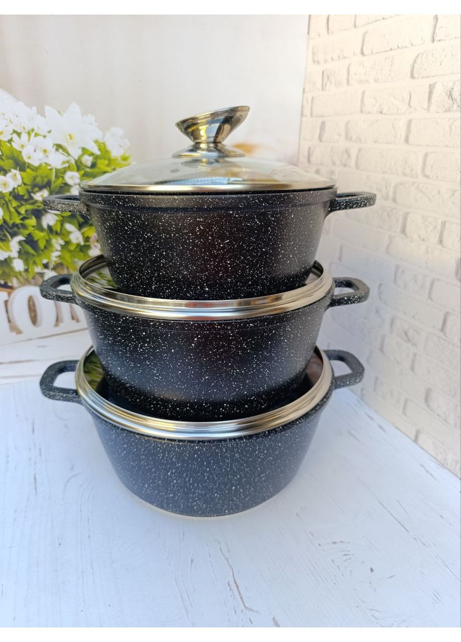 Набір каструль 1493 з мармуровим антипригарним покриттям 6 предметів Чорний Styleberg (353747730)