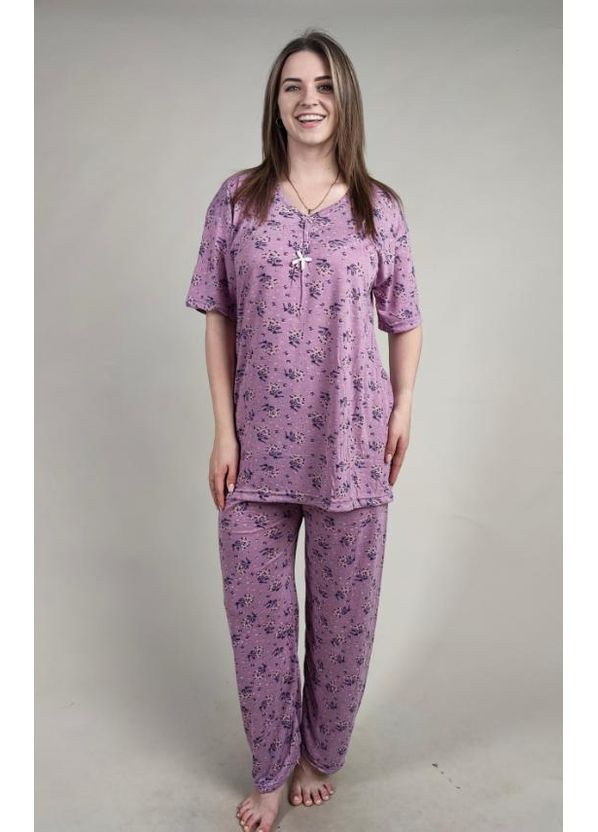Фиолетовая всесезон женская пижама с футболкой и штанами батального размера с цветочным принтом фиолетового цвета турция Asma