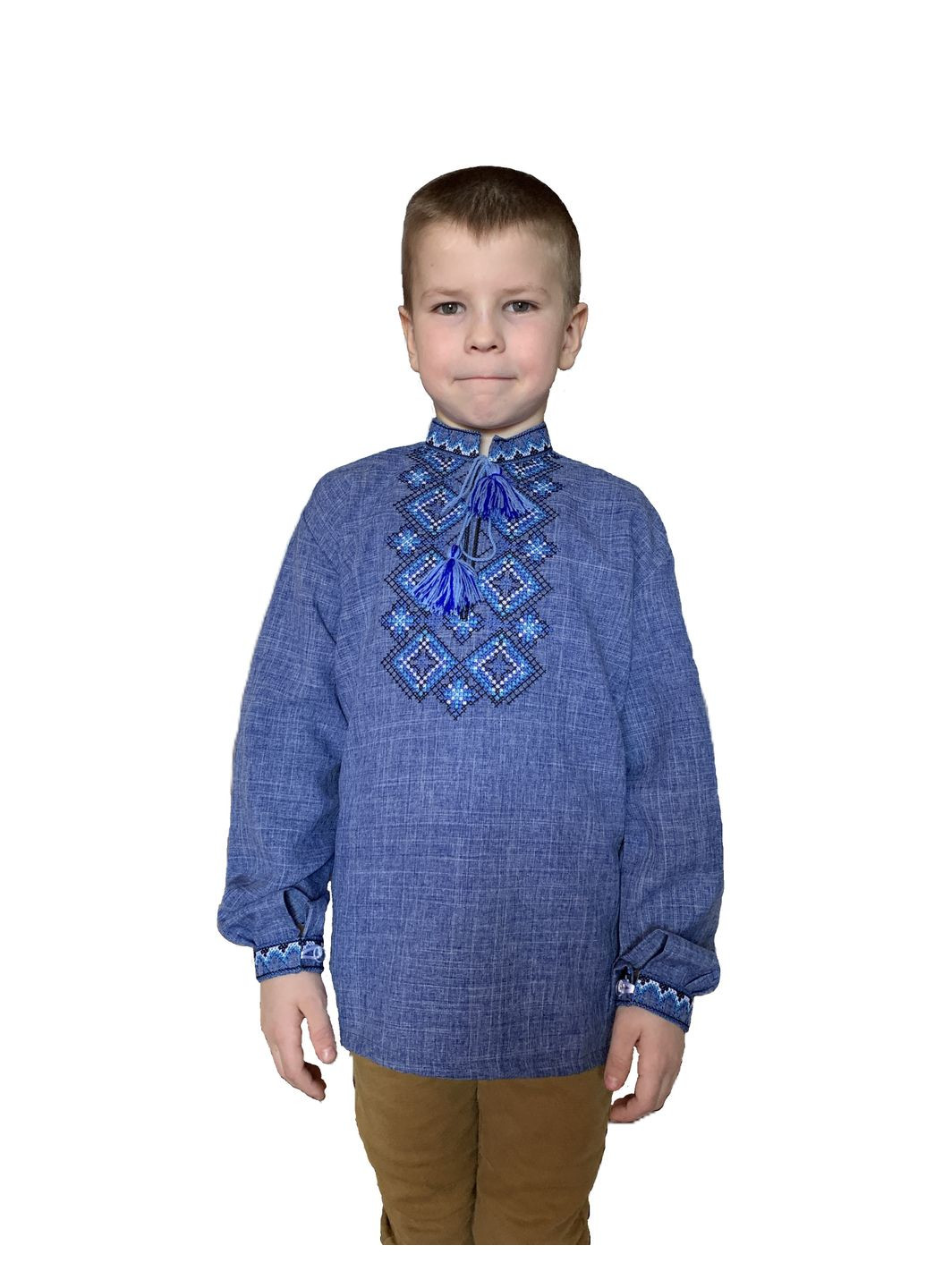 Синяя детская вышиванка для мальчика праздничная синяя с синим орнаментом НоКо узор орнамент габардин (322404170)
