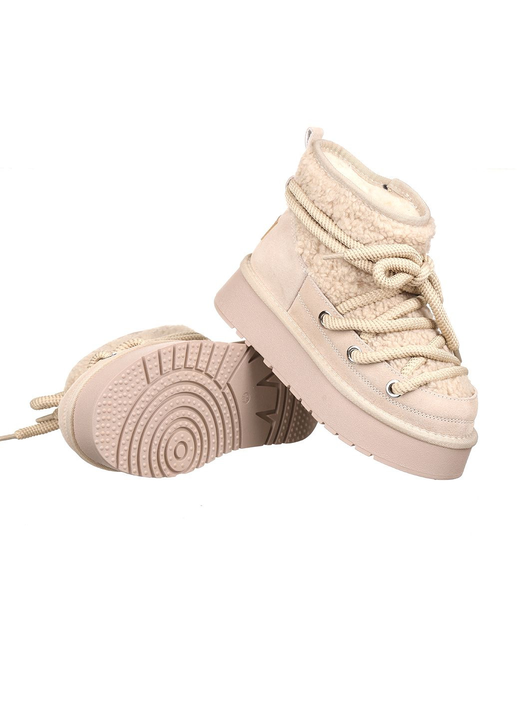 Женские угги бежевые низкие зимние теплые замшевые угги с мехом тедди на высокой подошве для прогулок Hengji (368770583)