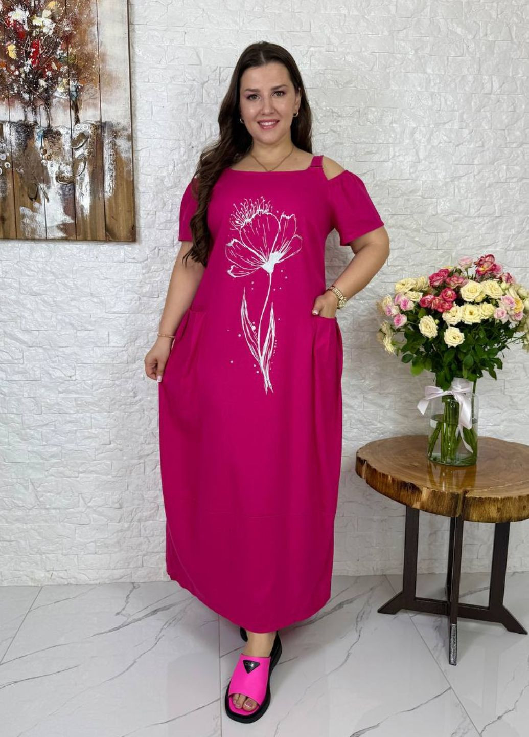 Малиновое повседневный платье макси свободного кроя оверсайз Україна с рисунком