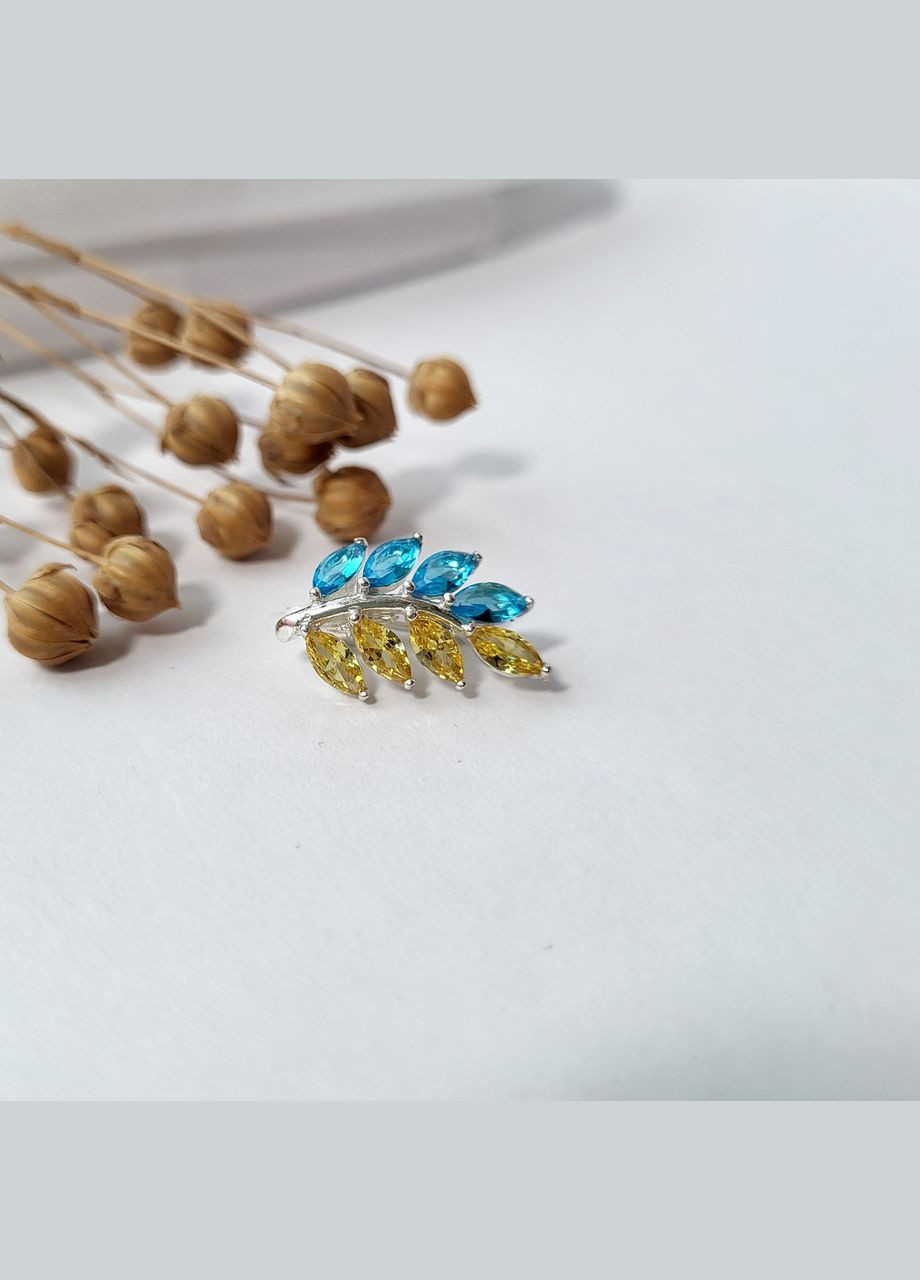 Срібна брошка шпилька Мімоза з Жовтими та Блакитними Каменями срібло 925 проби 700561 2.10г No Brand (306741350)