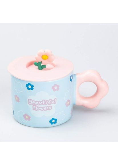 Керамическая чашка с крышкой «Цветок», 300 мл, голубая No Brand (371773672)