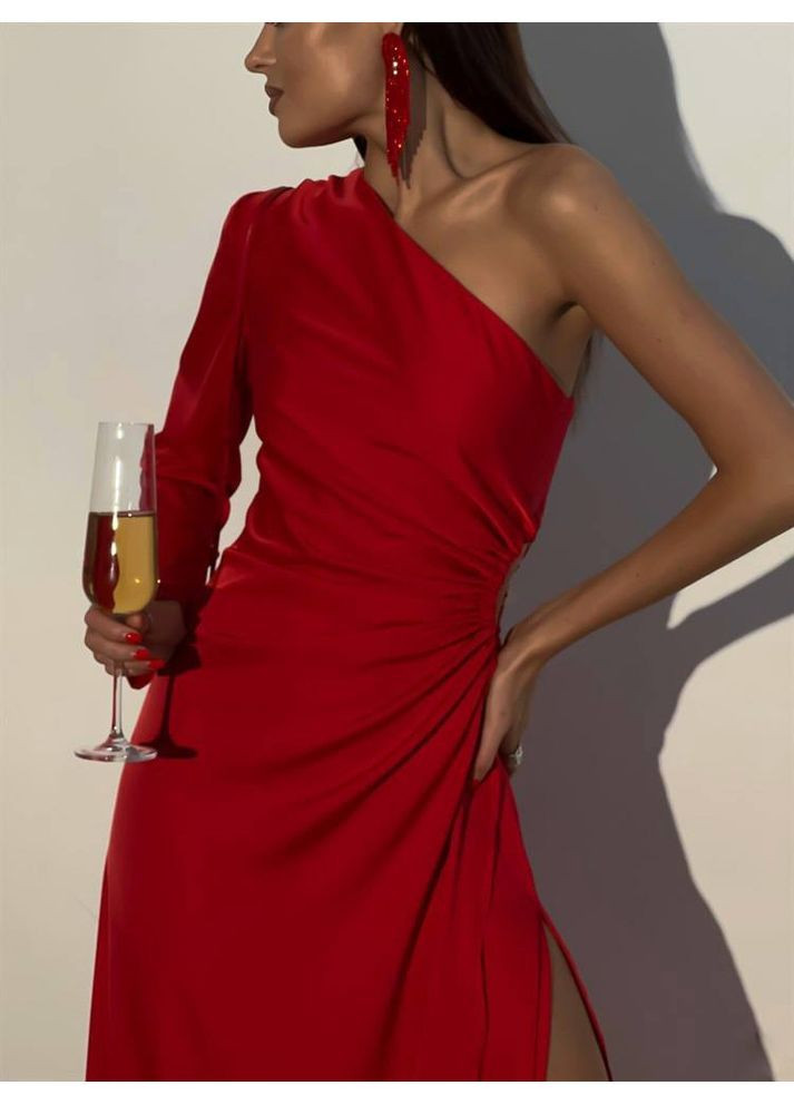 Червона кежуал вишукана асиметрична сукня з акцентом на талії та елегантним шлейфом з відкритими плечима No Brand однотонна
