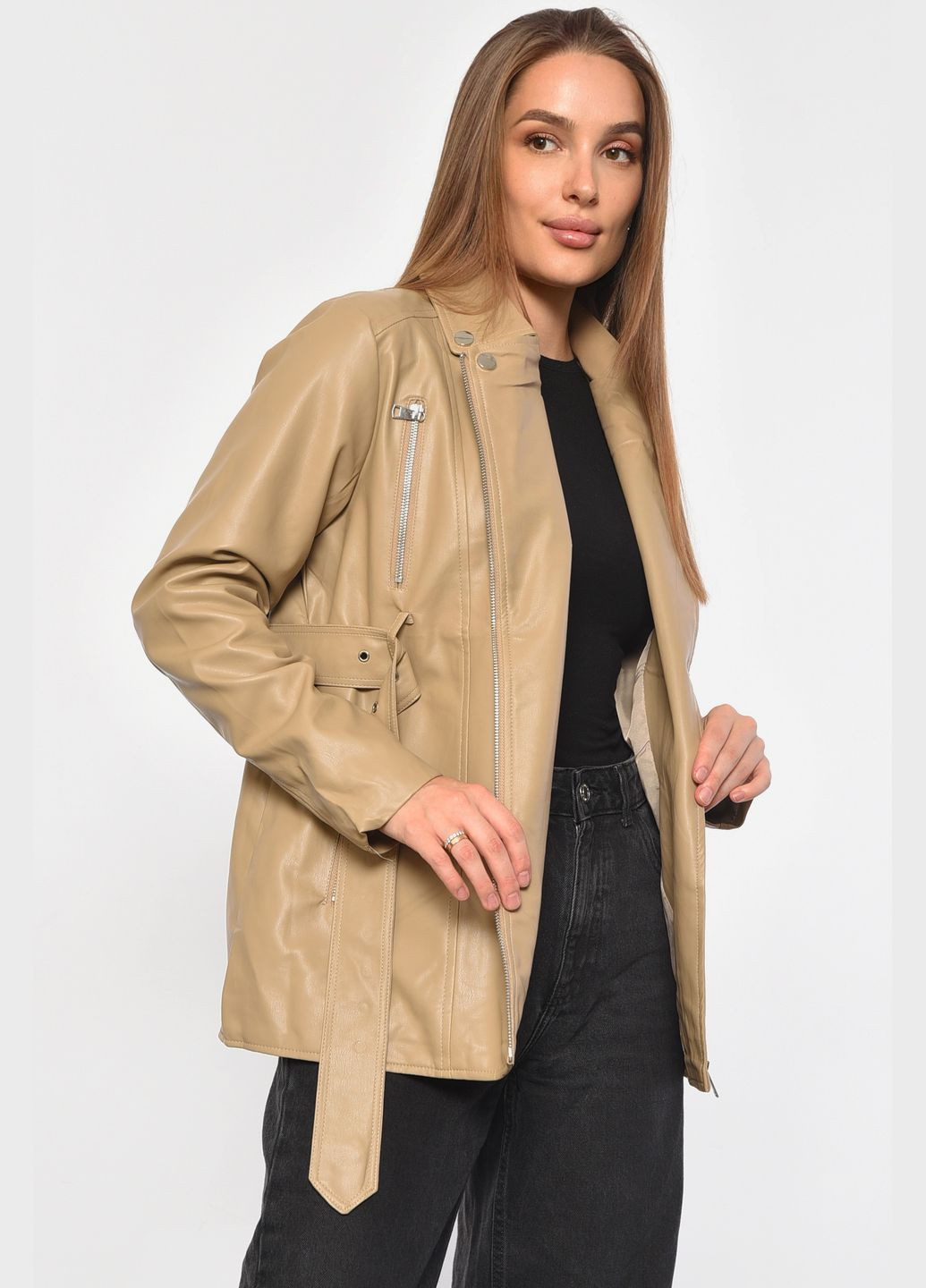 Чорна демісезонна куртка жіноча з екошкіри кольору мокко Let's Shop