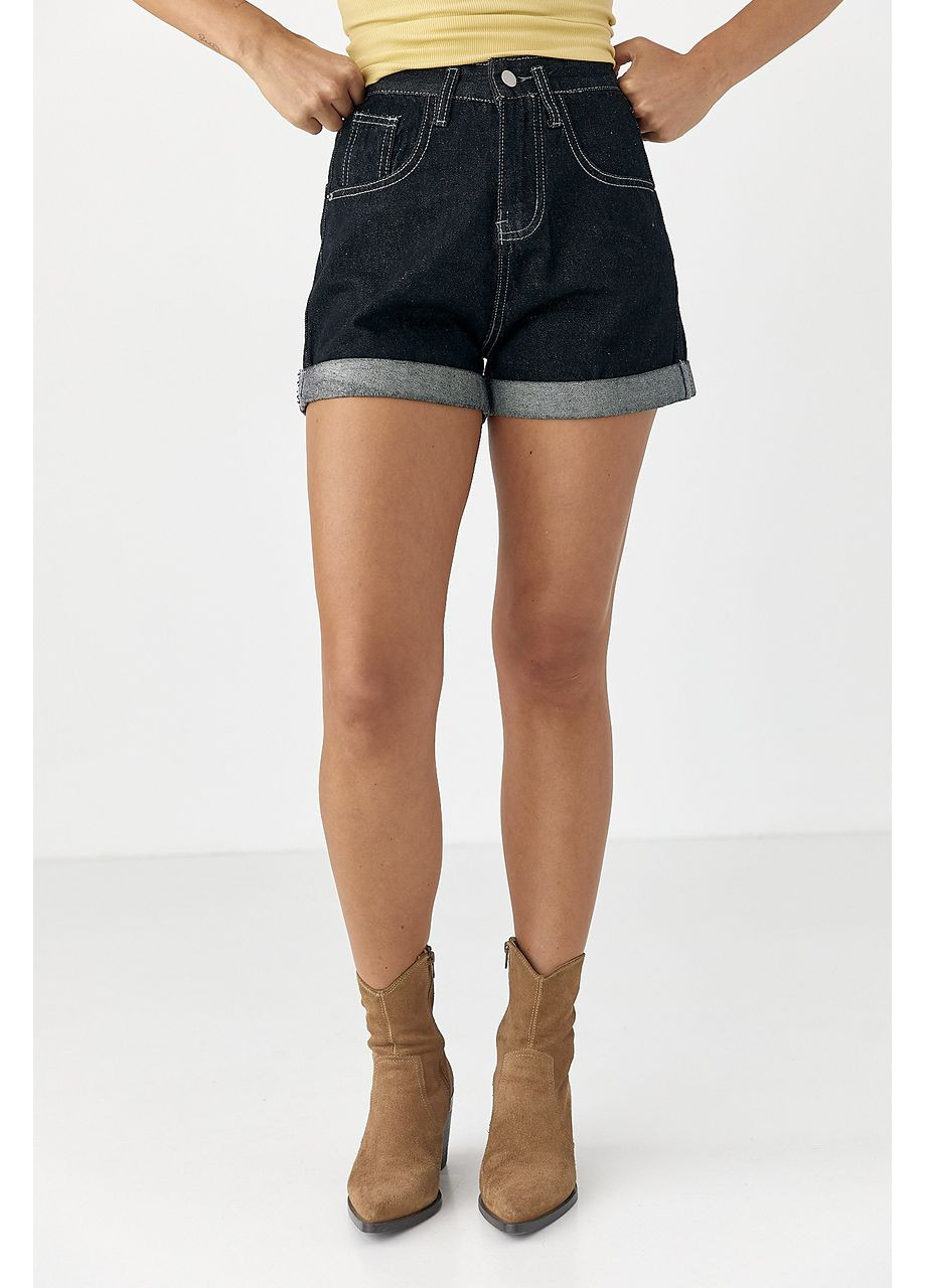 Женские джинсовые подкатанные шорты - черный цвет Lurex (353306177)