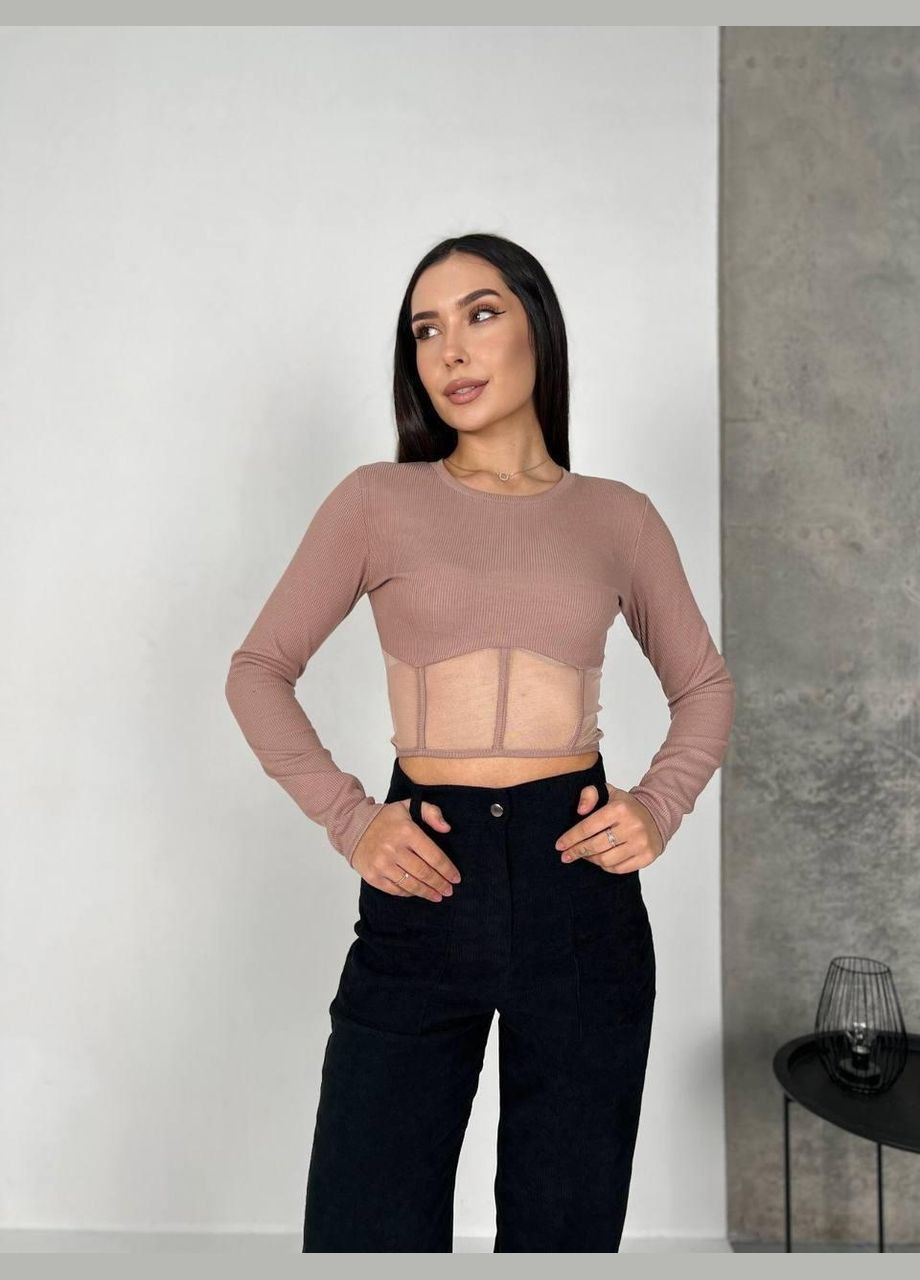 Лонгслів жіночій - кофточка у рубчик з імітацією корсета із сітки JUGO (301580418)