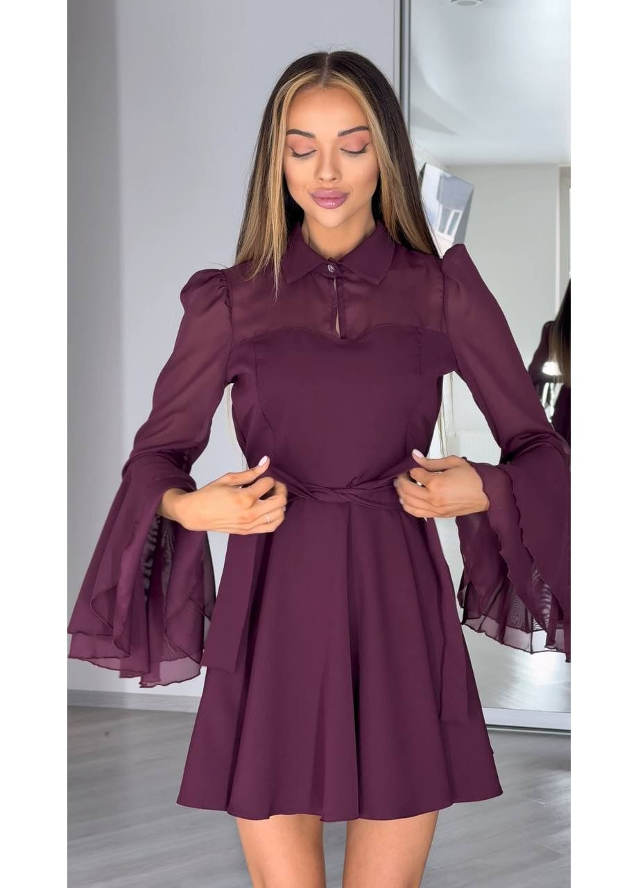 Бордова святковий, коктейльна коротка жіноча сукня з воланами та поясом кльош Avanti однотонна