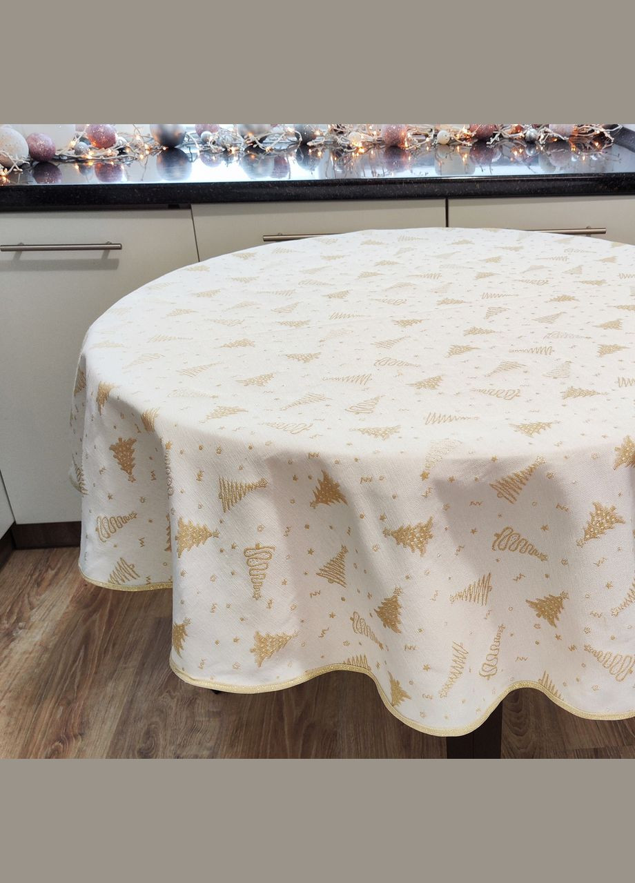 Гобеленова скатертина кругла бежева з золотистою ниткою новорічна святкова скатертина для круглого столу 260 Maystat (306812332)