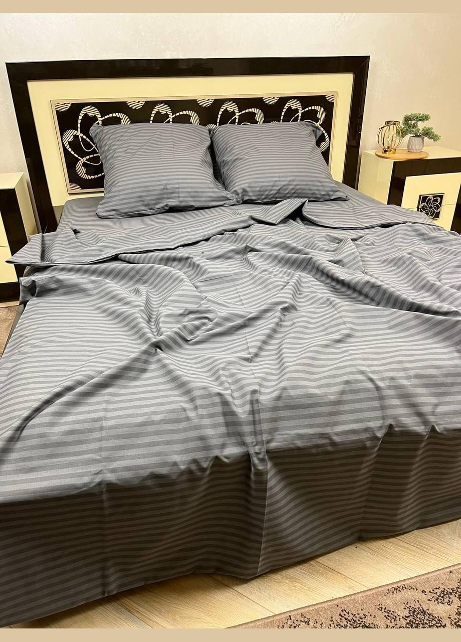 Постільна білизна бавовняна в Смужку Євро Простирадло на гумці 160x200х20 Бязь Сіра 50 х 70 No Brand (278634833)