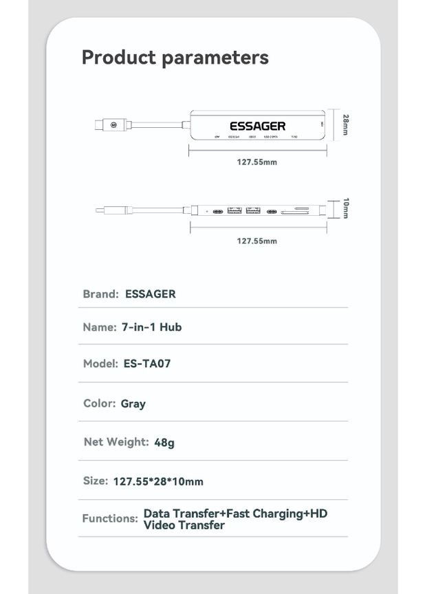 USBхаб 7 в 1 60W (Type-C 3.1 to 4K HDMI/SD/TF Card/PD Fast Charge) Essager (300523881)