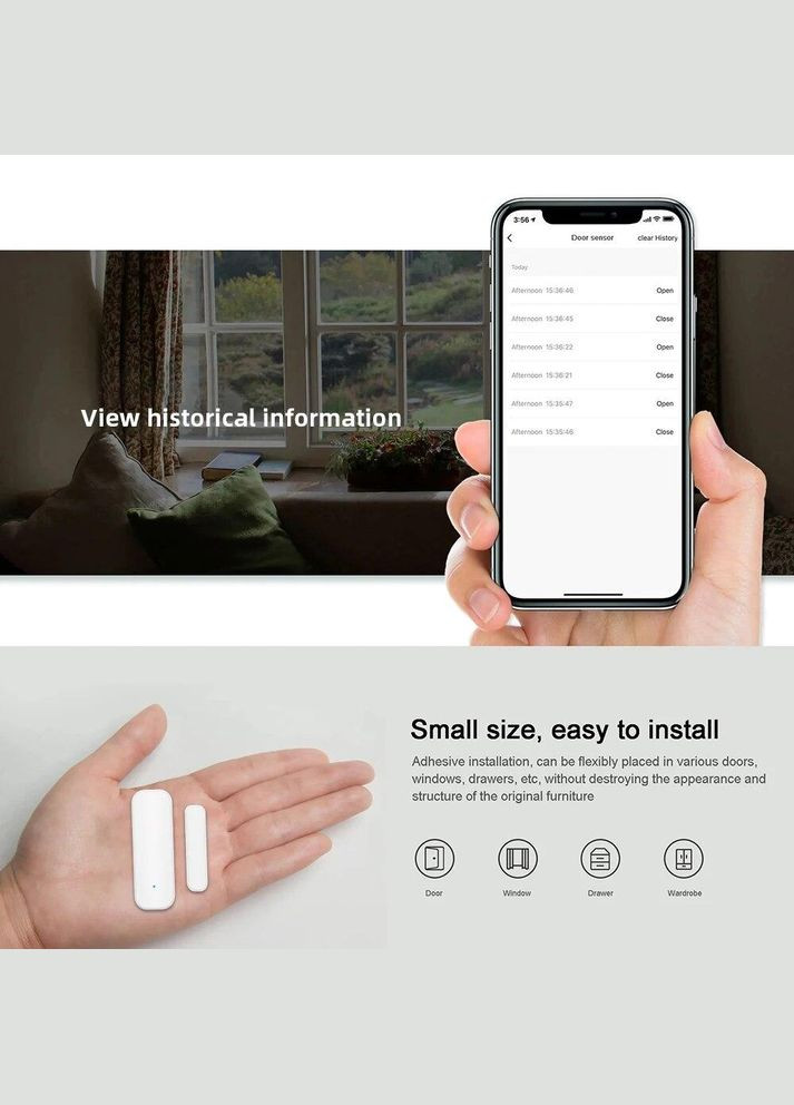Датчик открытия дверей и окон, Zigbee. Дверная/оконная сигнализация, Tuya/Smart Life No Brand (302245157)
