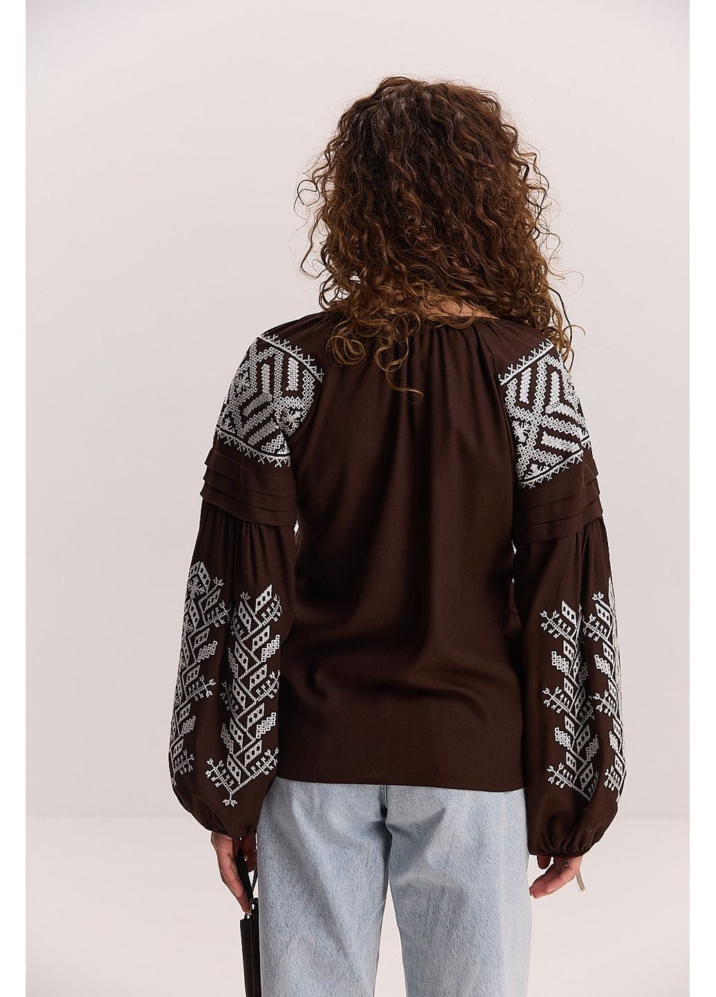 Коричнева жіноча вишиванка світло-бежева з чорною геометрією гладдю Arjen льон (353305918)