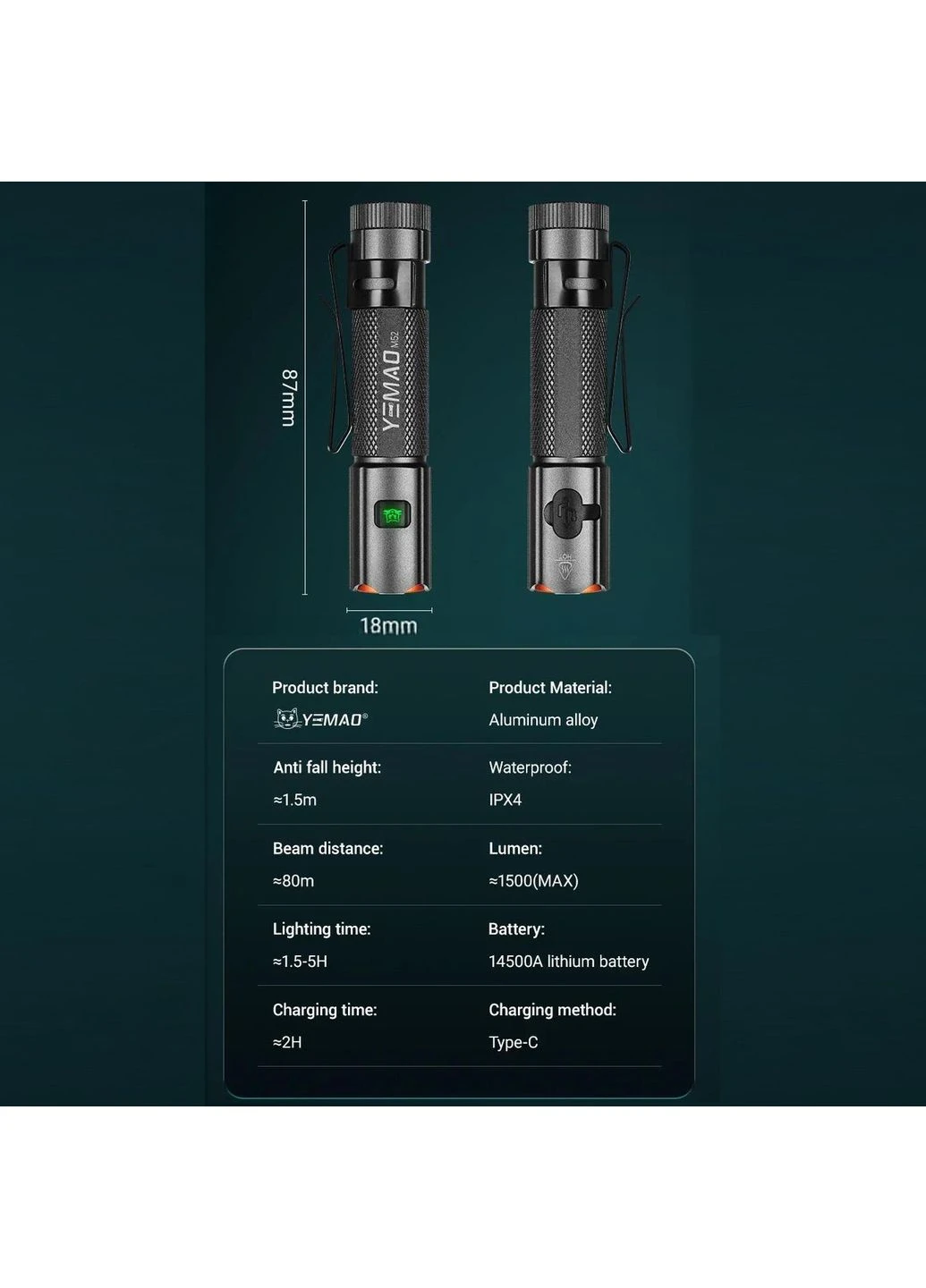 Тактический фонарик YM-M52, 1500LM, аккумуляторы 2x14500 (2x1200 mAh) YEMAO (392690488)