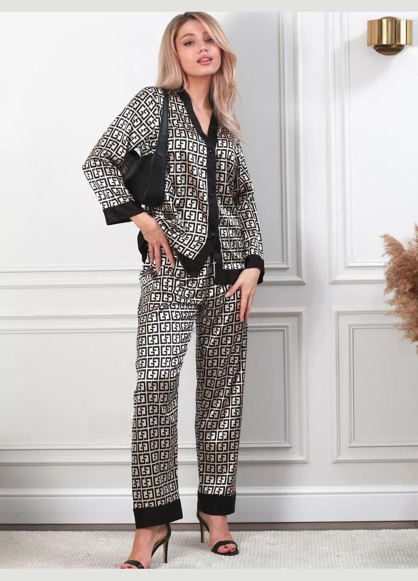 Серебряная всесезон комплект пижамный домашний женский атласный fendi фенди рубашка + брюки No Brand Фенді