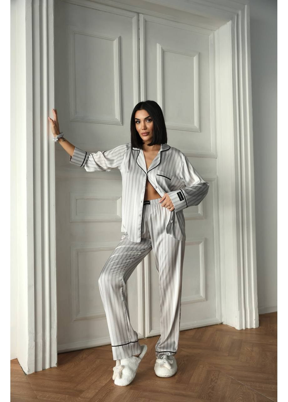 Серая всесезон женская пижама сатиновая в вертикальную полоску. рубашка + брюки Vakko