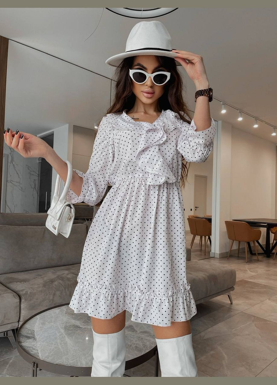 Білий святковий, коктейльна, вечірня, кежуал стильна жіноча сукня Vakko в горошок