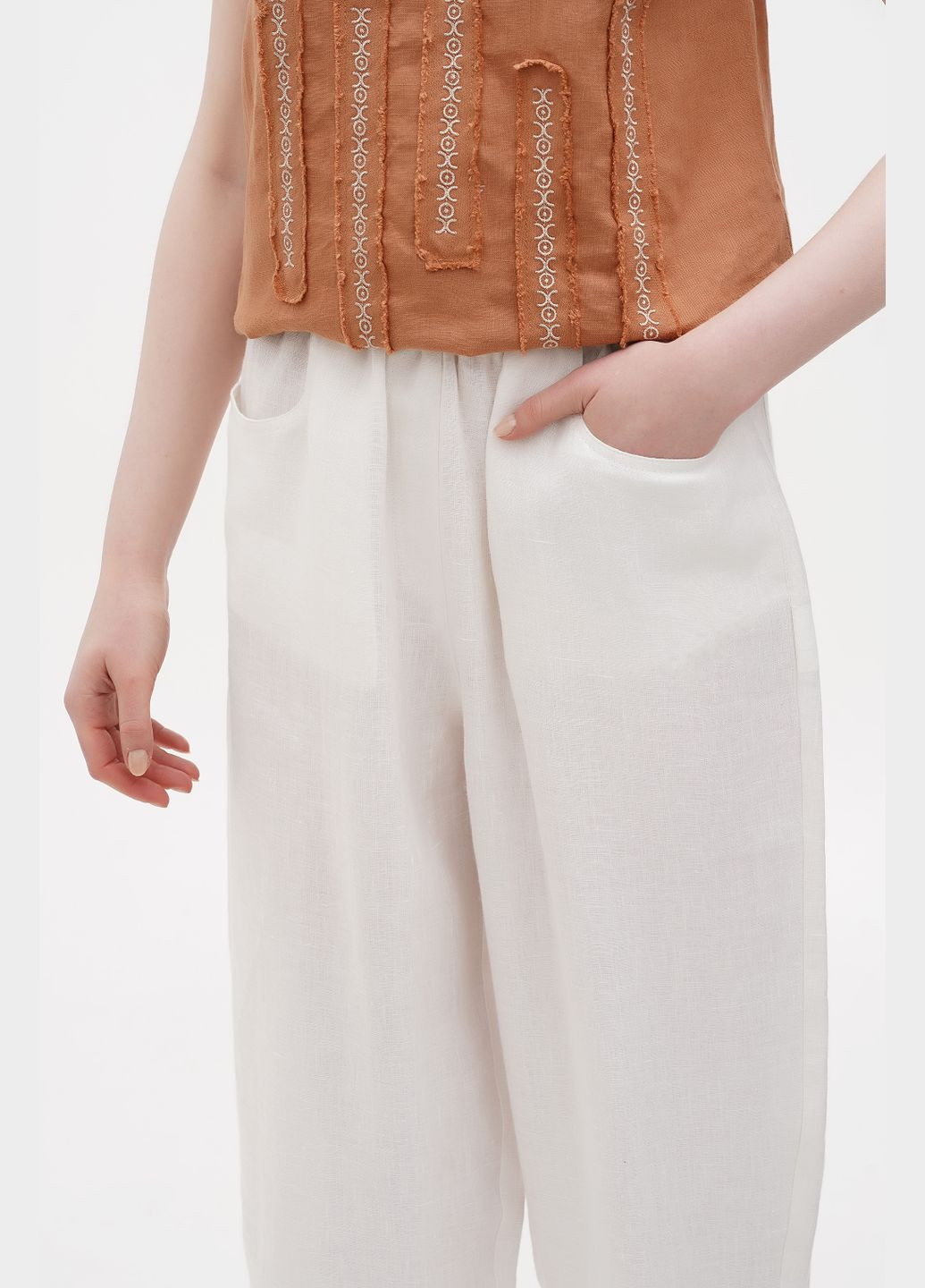 Вільні широкі штани з льону з високою посадкою на резинці і кишенями Канари., р., код 8310/44/107 ГАЛЕРЕЯ ЛЬОНУ (333164673)