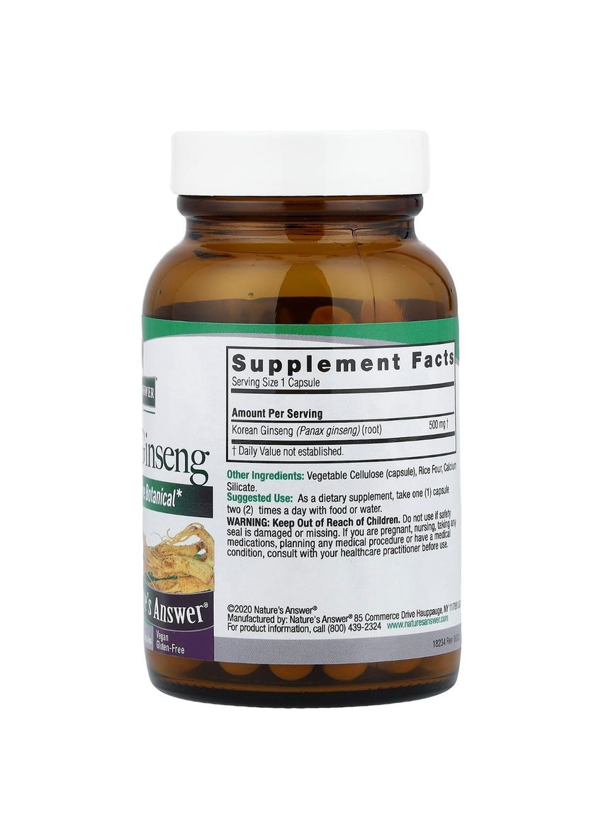 Корейський женьшень, 500 мг, Korean Ginseng,, 50 вегетаріанських капсул Nature's Answer (322741292)