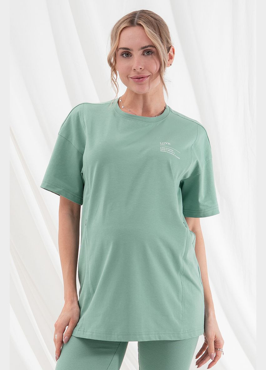 Удобная хлопковая футболка-туника для беременных и кормящих цвета полынь Юла мама - (322966334)