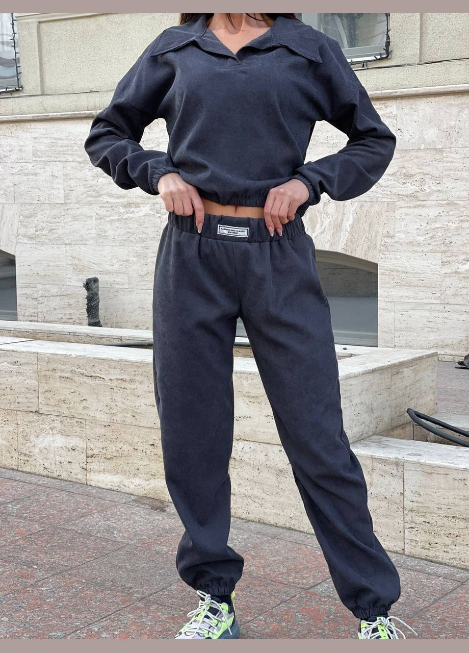 Качественный серый костюм (кофта+штаны) из микро-вельвета с длинным рукавом и штанами, трендовый вечерний костюм No Brand 0168-1 (282742475)