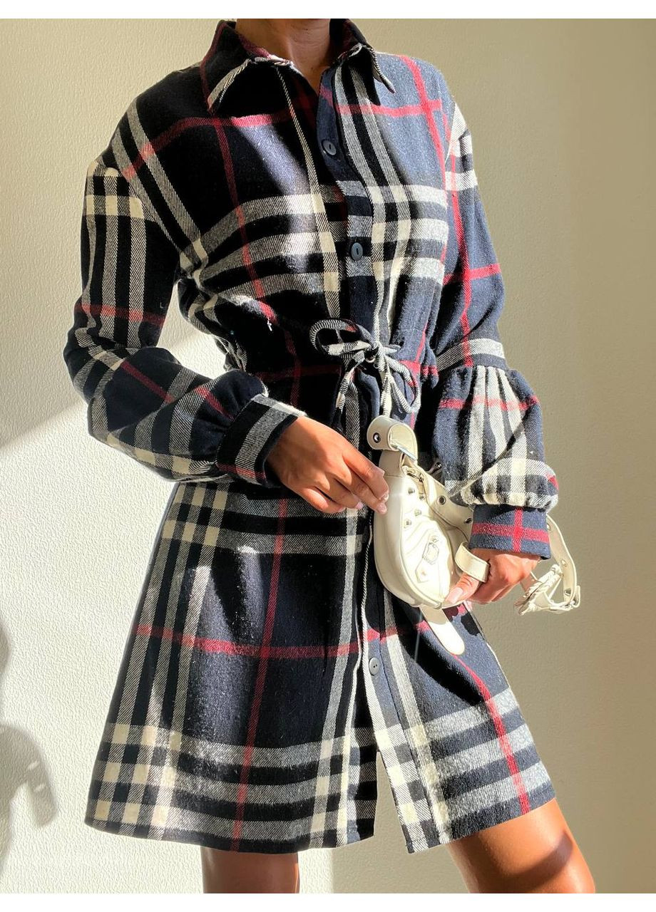 Темно-синя сукня сорочка кашемірова на ґудзиках у клітинку,з поясом Україна