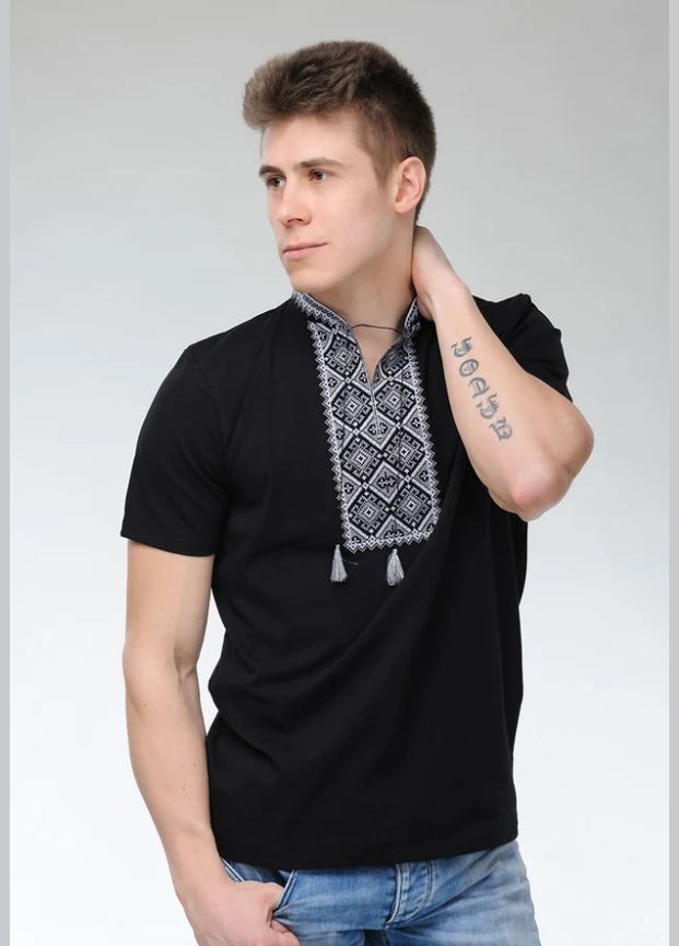 Чёрная мужская вышиванка члрна с серым Melanika узор однотонный прямой трикотаж (322301691)