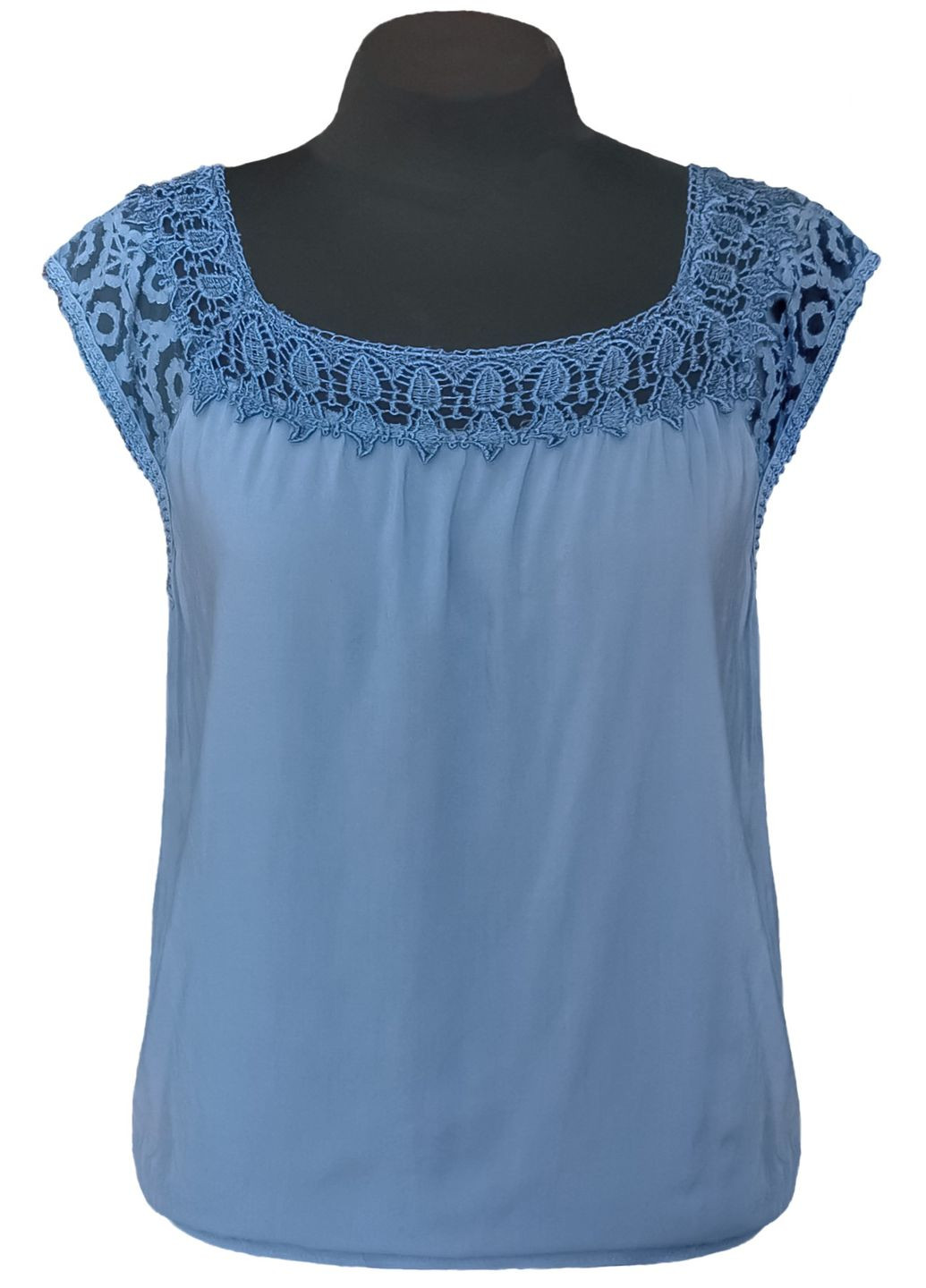 Синяя блузка женская летняя вискозная с коротким рукавом и кружевом маренго free size No Brand
