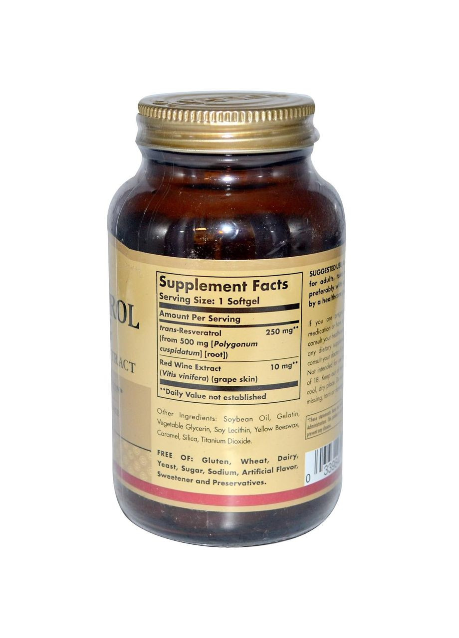Ресвератрол (Resveratrol),, 250 мг, 60 капсул Solgar (366734056)