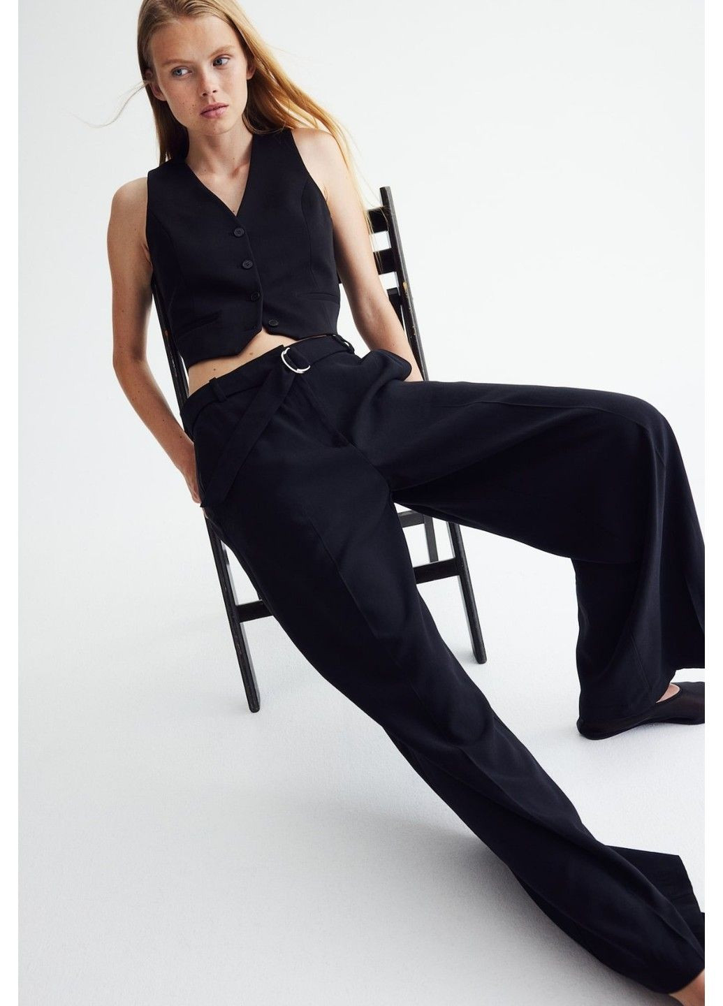 Жіночі широкі штани з поясом Н&М (58241) XS Чорні H&M (324639109)