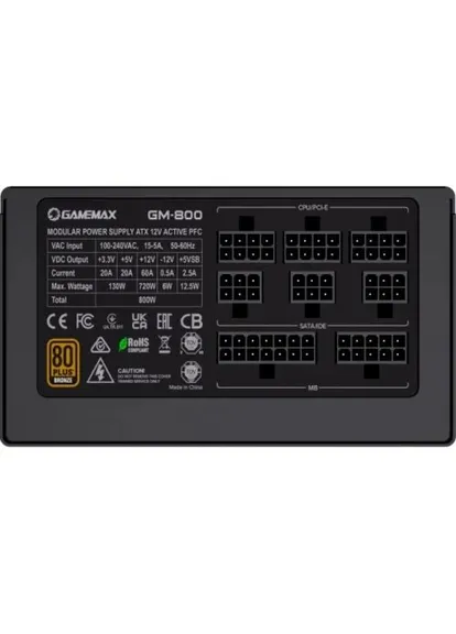 Блок питания 800 Вт, GM-800, Black, модульный, 80+ Bronze, Active PFC, 14 см Ultra Silent, 2xMolex / 6xSATA / 4x6+2-pin / GameMax (409483952)