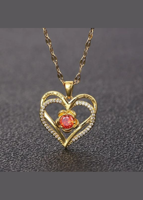 Женский кулон подвеска на цепочке два сердца с цветком и красным камнем фианитом золотистый Liresmina Jewelry (291413276)