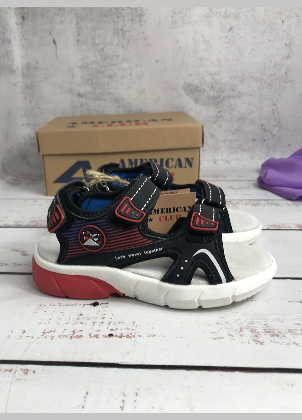 Цветные сандалии босоножки детские для мальчиков черно-красный (360) American Club на липучке