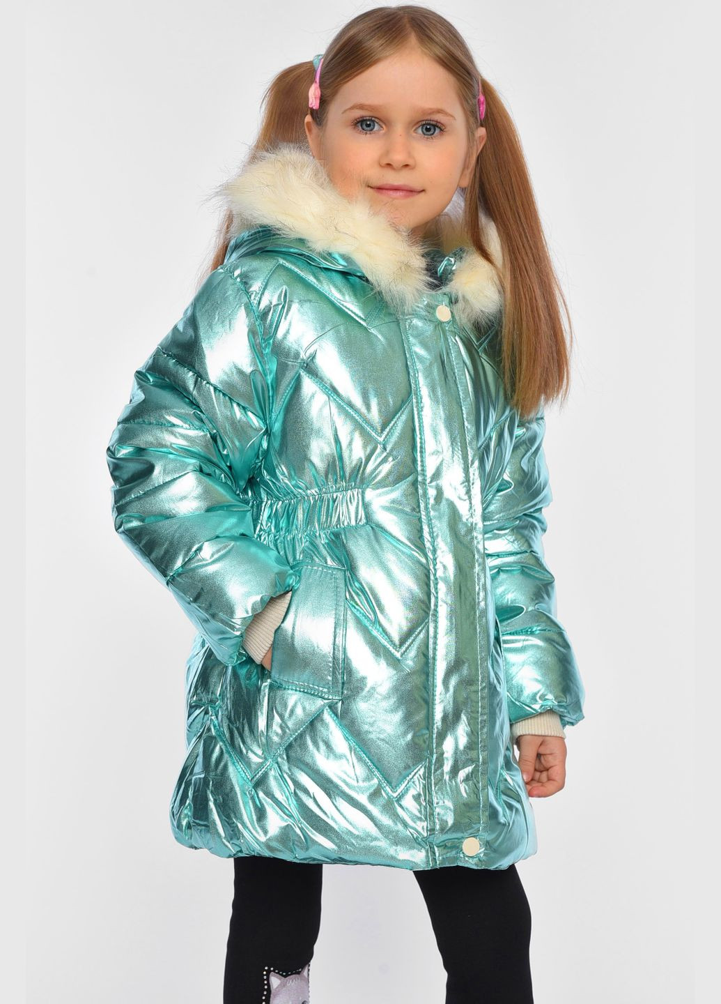 Мятная зимняя куртка детская для девочки еврозима на искусственном меху мятного цвета Let's Shop