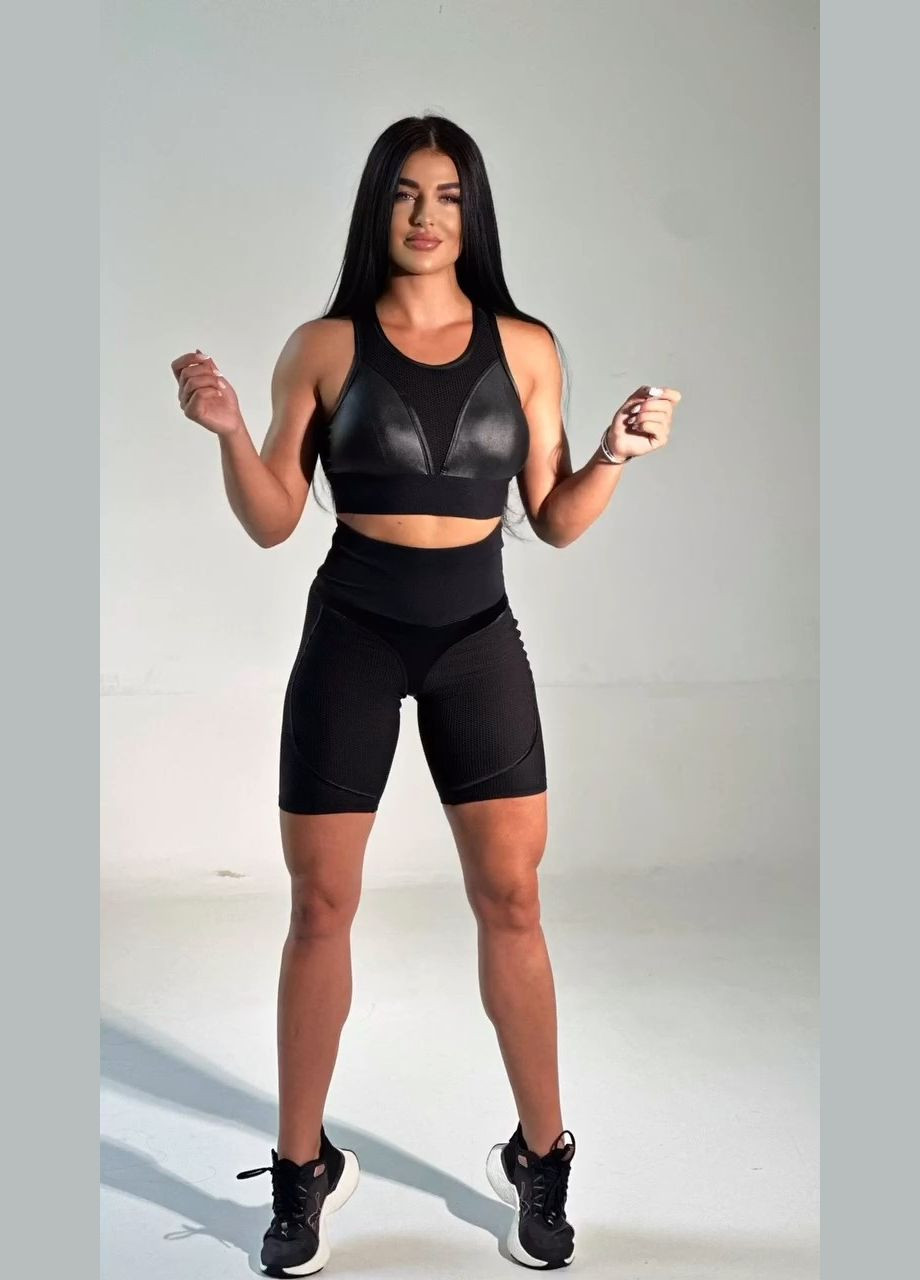 Спортивний костюм двійка (топ та велосипедки) з еластичної сіточки та ефектом пуш-ап, чорного кольору, розмір S Trends (330756994)