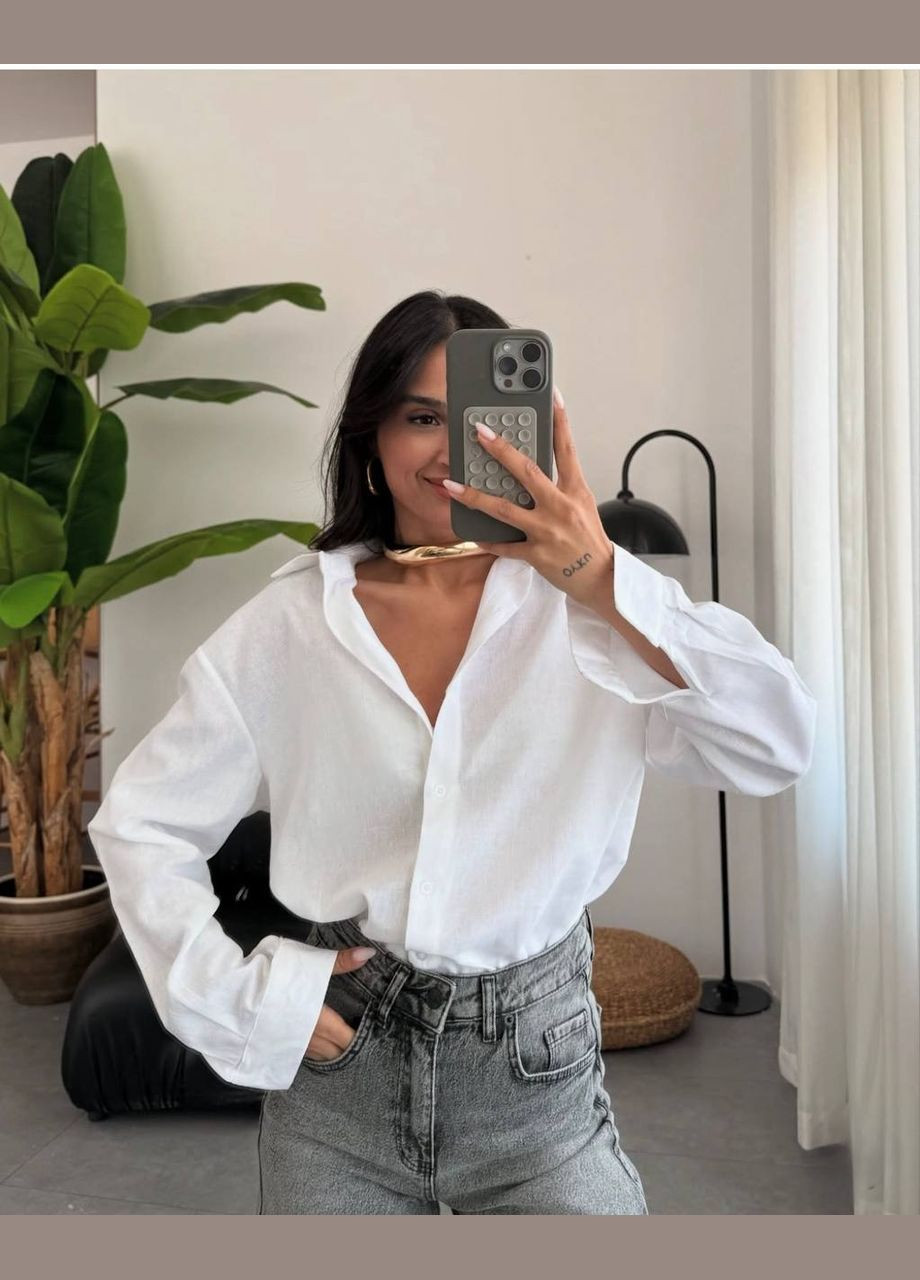 Молочная повседневный рубашка однотонная Гермес с длинным рукавом