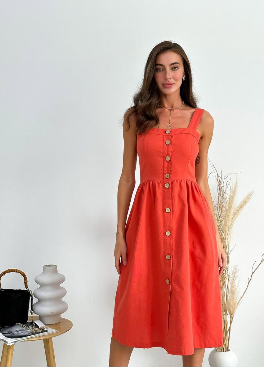 Коралловое кэжуал платье на пуговицах Art Knit однотонное