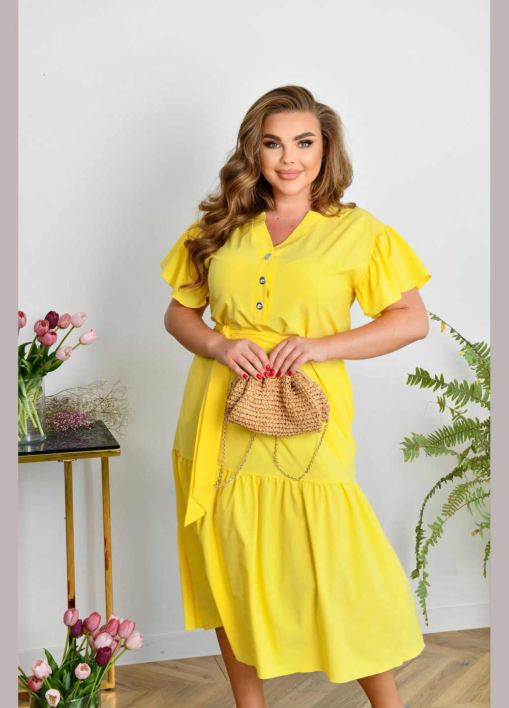 Желтое повседневный платье-рубашка с поясом рубашка No Brand однотонное
