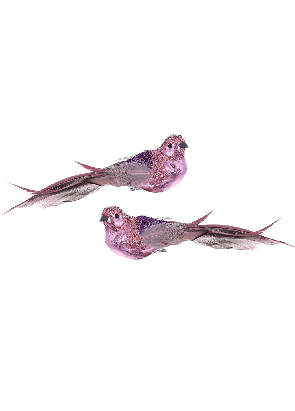 Декоративная птица 2 шт на клипсе 21см с декором из глиттера, пурпурная No Brand (325400987)