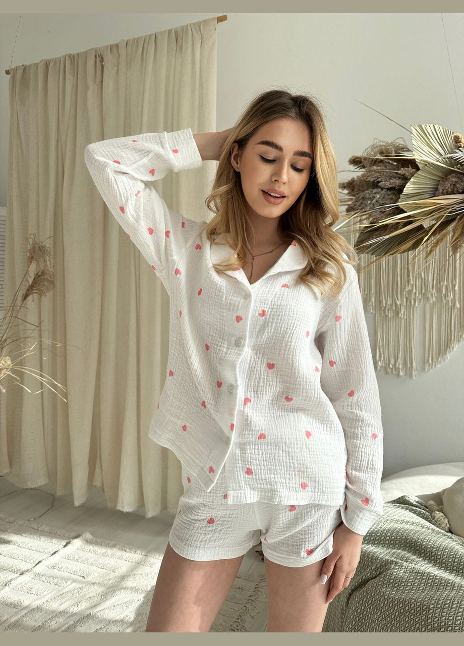 Белая всесезон муслиновая пижама женская со свободными шортами (вк4302в-4) Cosy