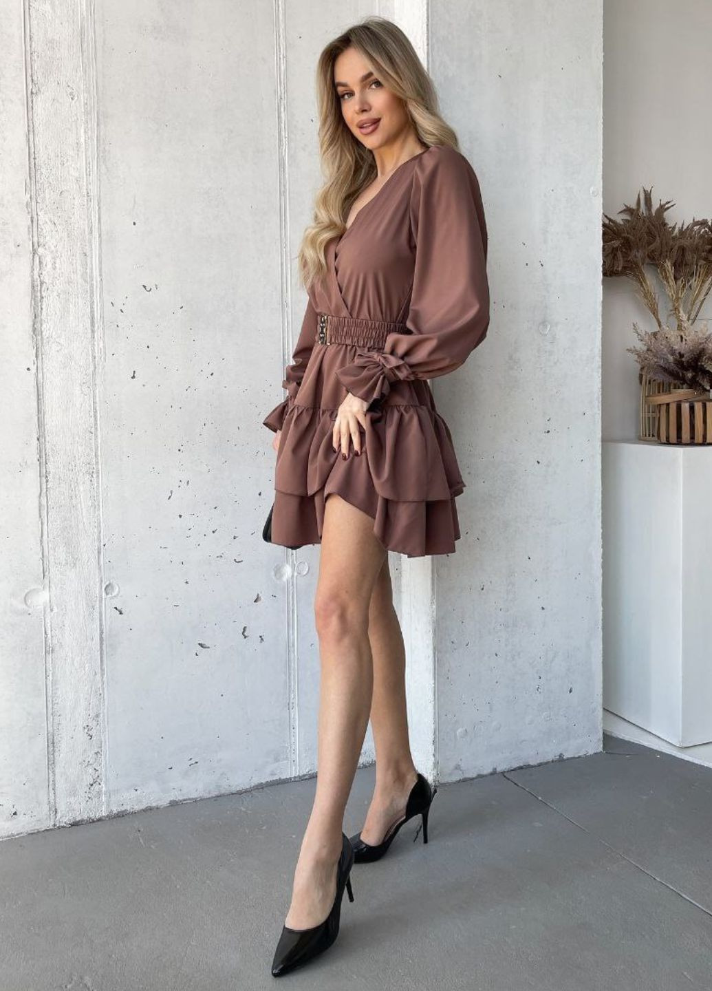 Коричнева повсякденний сукня міні з довгим рукавом ліхтарик під пояс Україна однотонна