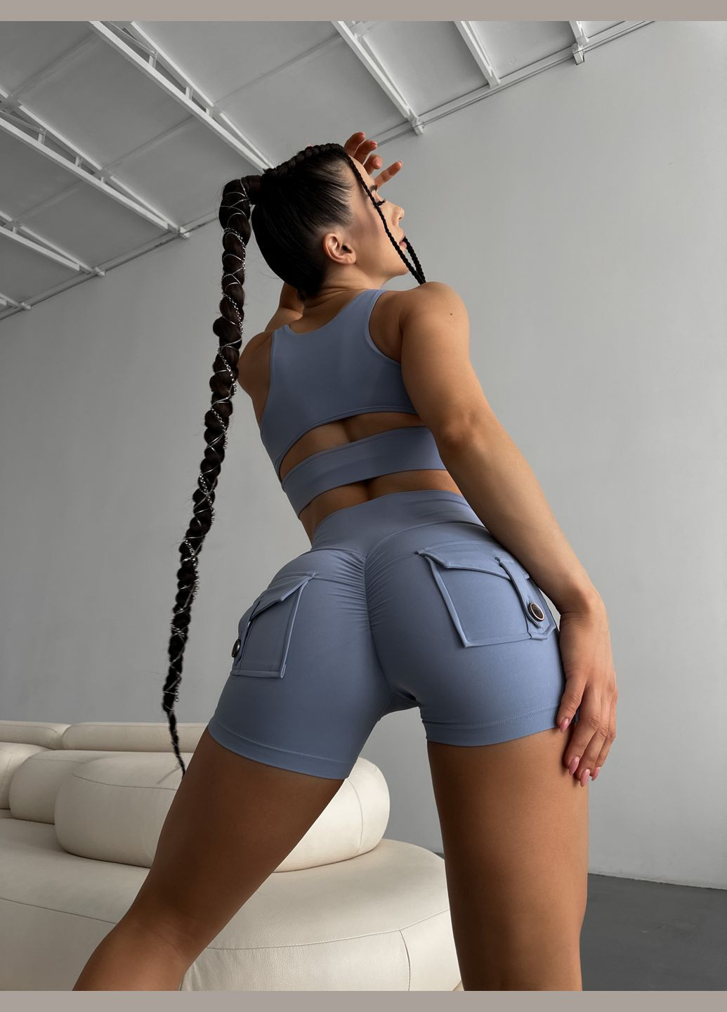 Спортивные женские шорты с карманами PUSH UP для фитнеса и pole dance Голубые Pocket Короткі шорти з кишенями та пуш-ап ефектом (317046267)