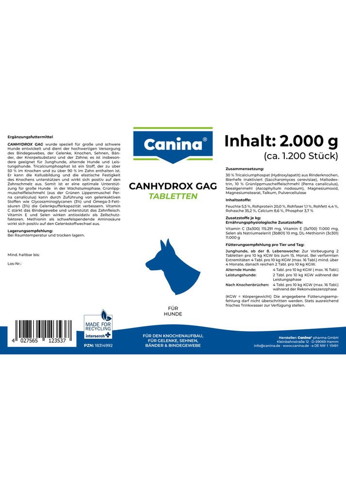 Вітамінний комплекс Canhydrox GAG для собак при проблемах з суглобами та м_язами 2 кг 1200 табл. Canina (355253323)
