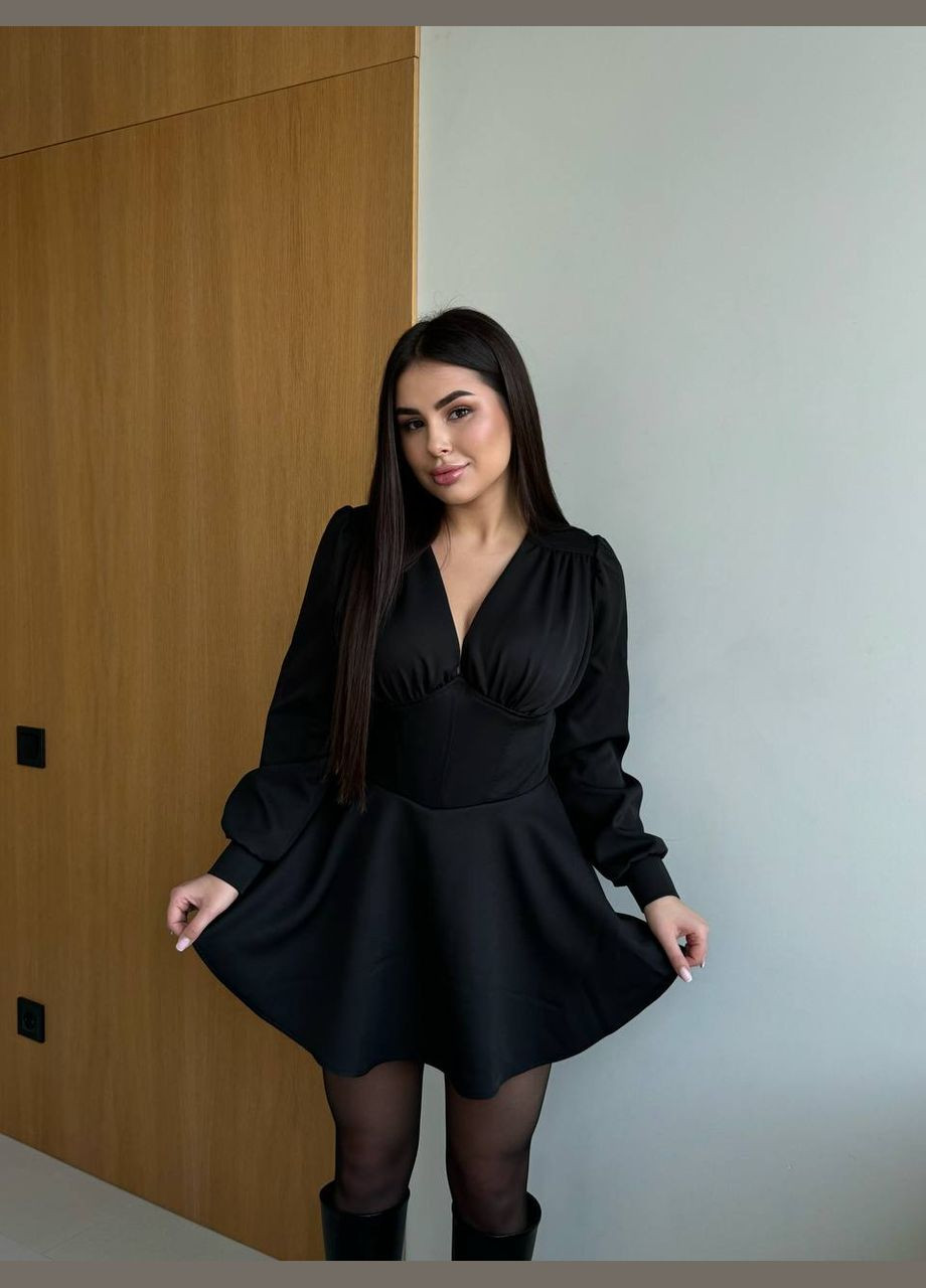 Черное платье-комбинезон с имитацией корсета в чёрном цвете No Brand однотонное