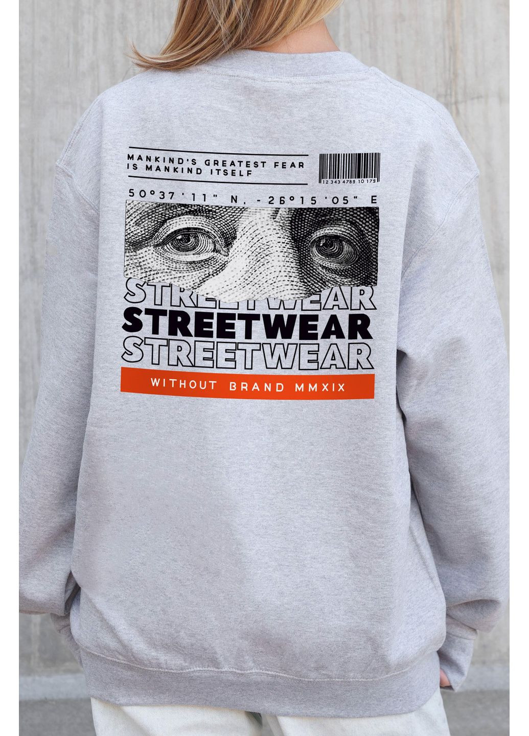 Серый женский утепленный оверсайз свитшот на флисе с принтом streetwear Without однотонный без декора (366740675)