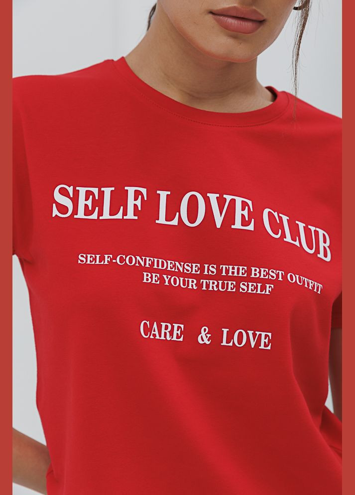 Красная летняя женская футболка с принтом self love club Arjen