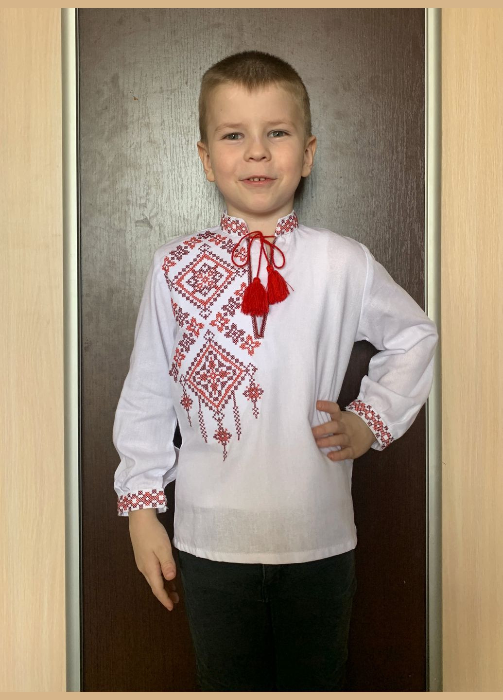 Белая детская вышиванка для мальчика заграва НоКо узор орнамент домотканное полотно (321999203)