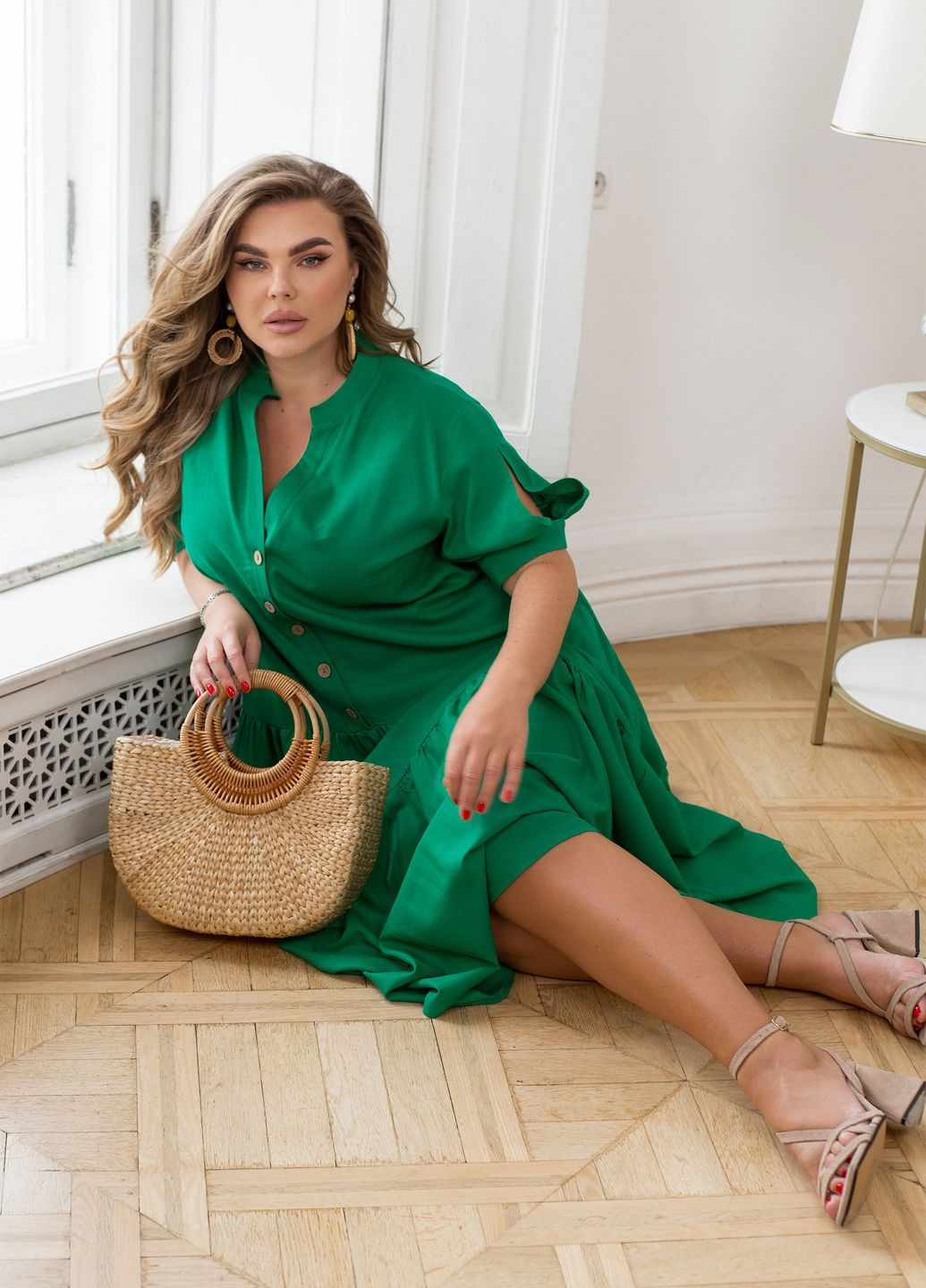 Зелена повсякденний, кежуал сукня літня максі з льону з короткими рукавами та воланом а-силует кльош, а-силует, оверсайз, сукня-сорочка No Brand однотонна