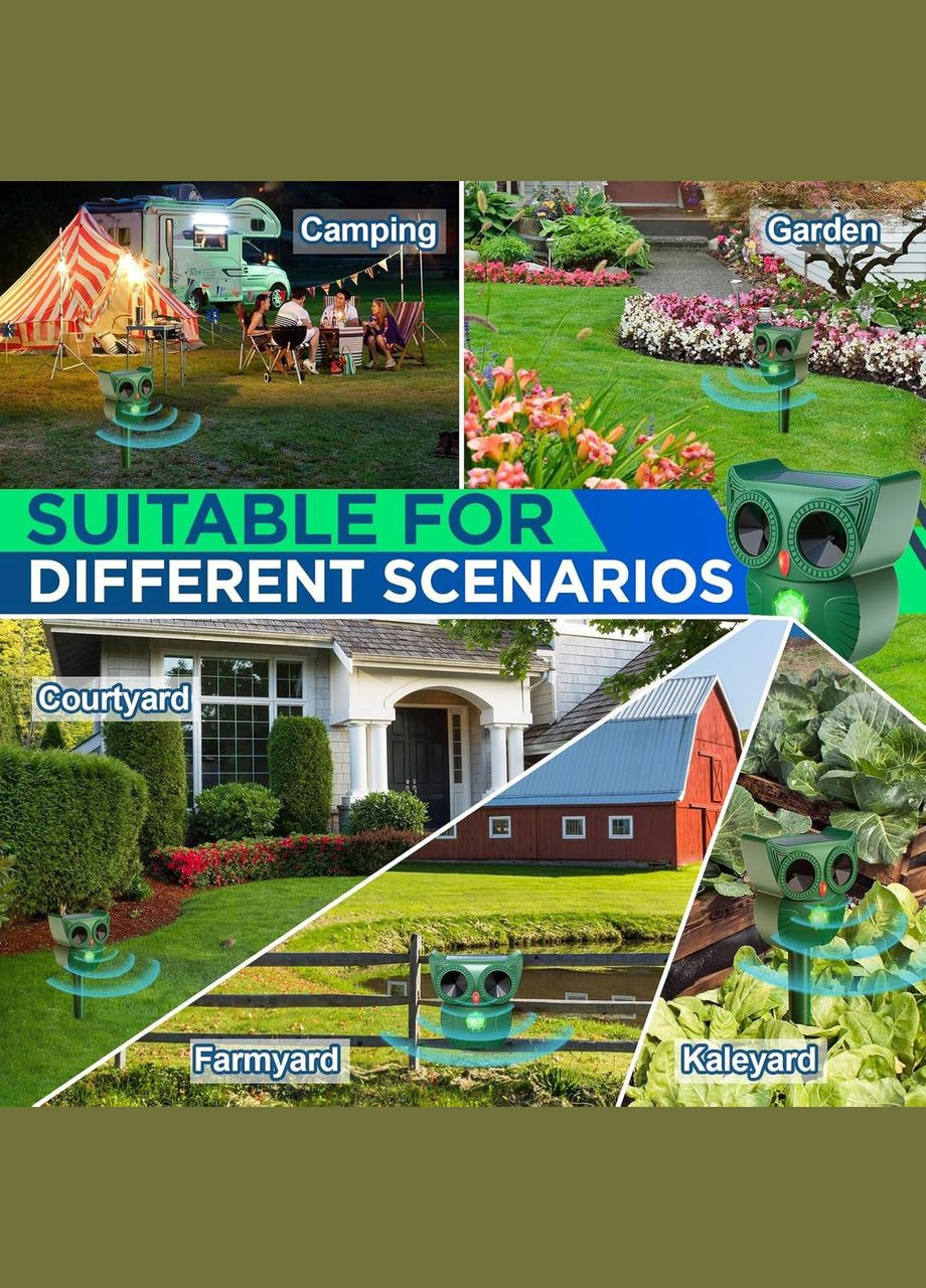 Ультразвуковой отпугиватель животных для сада 5 режимов Зеленый No Brand (317405787)